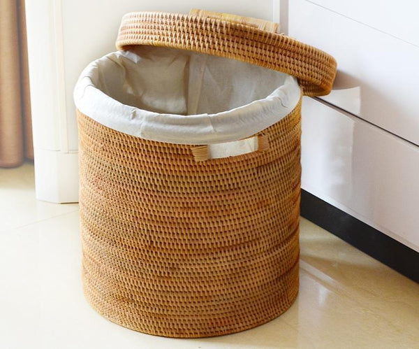 Large Laundry Storage Basket with Lid, Large Rattan Storage Basket for Bathroom, Woven Round Storage Basket for Clothes-Silvia Home Craft