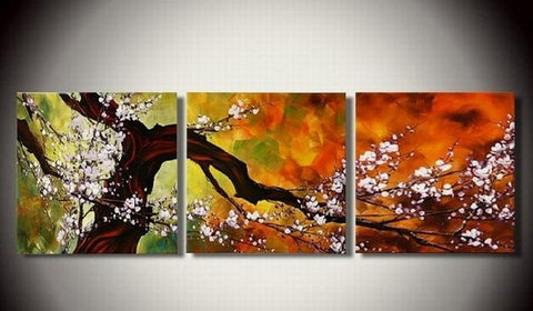 Abstract Art, Plum Tree in Full Bloom, Large Oil Painting, Living Room Wall Art, Modern Art, 3 Piece Wall Art-Silvia Home Craft