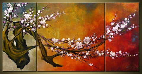 Wall Art, Abstract Art, Flower Oil Painting, Plum Tree, Canvas Painting, Large Oil Painting, Living Room Wall Art, Modern Art, 3 Piece Wall Art, Huge Art-Silvia Home Craft