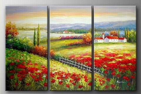 Landscape Art, Italian Red Poppy Field, Canvas Painting, Landscape Painting, Oil on Canvas, 3 Piece Oil Painting, Large Wall Art-Silvia Home Craft