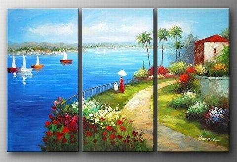 Landscape Art, Italian Mediterranean Sea, Sail Boat Art, Canvas Painting, Landscape Painting, Living Room Wall Art, Oil on Canvas, 3 Piece Oil Painting-Silvia Home Craft