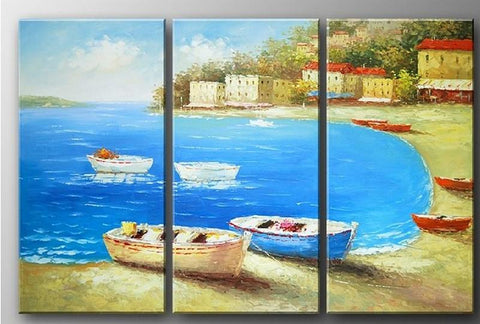 Italian Mediterranean Sea, Landscape Art, Boat Art, Canvas Painting, Living Room Wall Art, Oil on Canvas, 3 Piece Oil Painting, Large Wall Art-Silvia Home Craft
