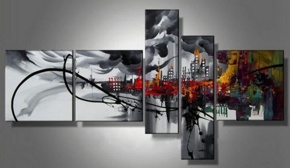 Cityscape Art, Black Wall Art, Huge Wall Art, Acrylic Art, 5 Piece Wall Painting, Hand Painted Art, Group Painting-Silvia Home Craft