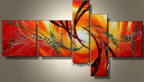 Canvas Painting, Abstract Lines, Red Color Art, Acrylic Art, 5 Piece Wall Painting, Canvas Painting-Silvia Home Craft