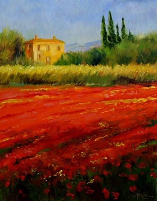 Flower Field, Wall Art, Large Oil Painting, Canvas Painting, Landscape Painting, Living Room Wall Art, Cypress Tree, Wall Painting, Canvas Art, Red Poppy Field-Silvia Home Craft
