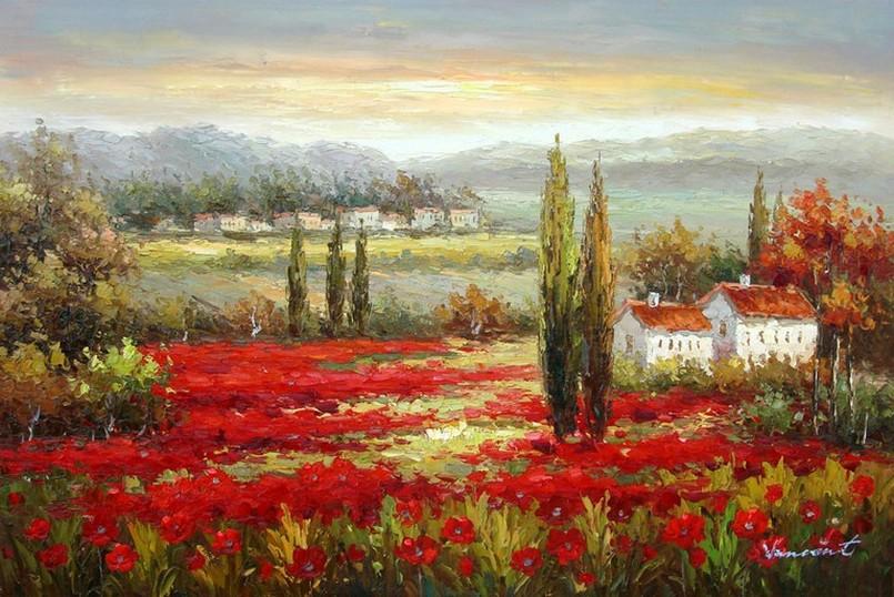 Flower Field, Wall Art, Large Painting, Canvas Oil Painting, Landscape Painting, Living Room Wall Art, Cypress Tree, Canvas Wall Art, Canvas Art, Red Poppy Field-Silvia Home Craft