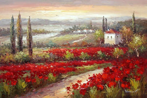 Flower Field, Canvas Oil Painting, Landscape Painting, Living Room Wall Art, Cypress Tree, Red Poppy Field-Silvia Home Craft