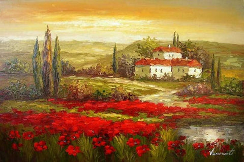 Autumn Art, Flower Field, Impasto Art, Heavy Texture Painting, Landscape Painting, Living Room Wall Art, Cypress Tree, Oil Painting, Red Poppy Field-Silvia Home Craft