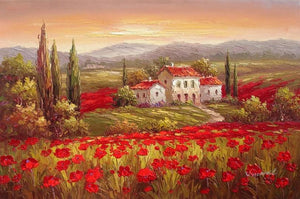 Flower Field, Canvas Painting, Landscape Painting, Wall Art, Large Painting, Living Room Wall Art, Cypress Tree, Oil Painting, Canvas Art, Poppy Field-Silvia Home Craft