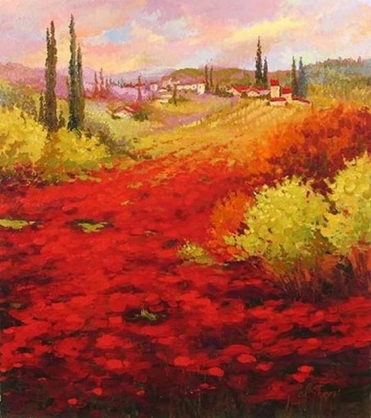 Flower Field, Wall Art, Large Painting, Canvas Painting, Landscape Painting, Living Room Wall Art, Cypress Tree, Oil Painting, Canvas Art, Red Poppy Field-Silvia Home Craft