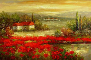 Flower Field Painting, Canvas Painting, Landscape Painting, Contemporary Wall Art, Large Painting, Living Room Wall Art, Cypress Tree, Oil Painting, Poppy Field-Silvia Home Craft