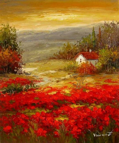 Flower Field, Wall Art, Landscape Painting, Living Room Wall Art, Cypress Tree, Canvas Art, Red Poppy Field, Ready to Hang-Silvia Home Craft