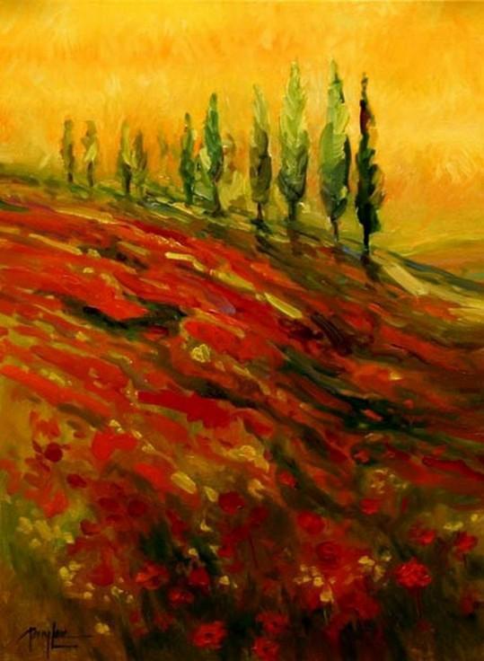 Red Poppy Field, Flower Field, Wall Art, Large Art, Canvas Art, Landscape Painting, Living Room Wall Art, Cypress Tree, Oil Painting, Large Wall Art-Silvia Home Craft