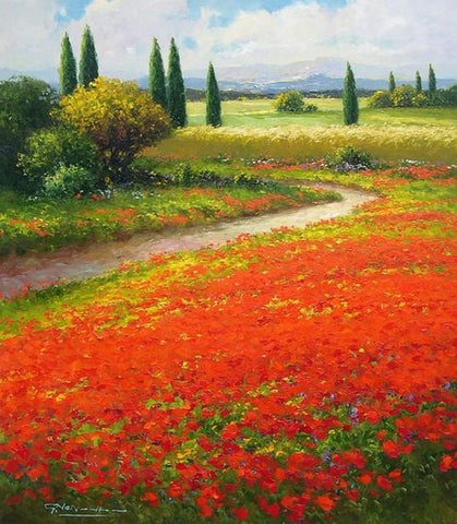 Flower Field, Wall Art, Impasto Art, Heavy Texture Painting, Landscape Painting, Living Room Wall Art, Cypress Tree, Oil Painting, Canvas Art, Red Poppy Field-Silvia Home Craft