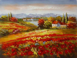 Red Poppy Field, Flower Field, Wall Art, Large Painting, Canvas Painting, Landscape Painting, Living Room Wall Art, Cypress Tree, Oil Painting, Canvas Art-Silvia Home Craft