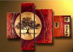 Extra Large Painting, Tree of Life Painting, Red Abstract Painting, 4 Piece Art Painting, Abstract Art, Living Room Wall Art-Silvia Home Craft