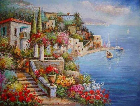 Mediterranean Sea Painting, Canvas Painting, Landscape Painting, Wall Art, Large Painting, Bedroom Wall Art, Oil Painting, Canvas Wall Art, Seascape, Spain Summer Resort-Silvia Home Craft