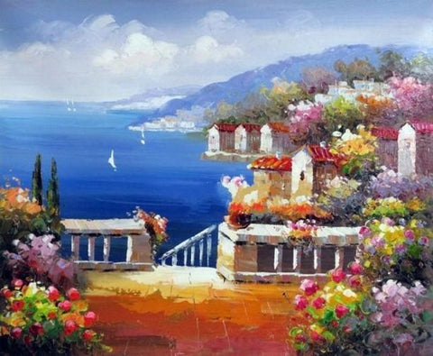 Landscape Painting, Wall Art, Canvas Painting, Heavy Texture Painting, Living Room Wall Art, Oil Painting, Wall Painting, Canvas Art, Italian Summer Resort-Silvia Home Craft