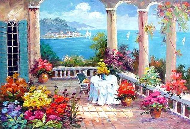Canvas Painting, Landscape Painting, Mediterranean Sea Painting, Wall Art, Large Painting, Bedroom Wall Art, Oil Painting, Canvas Art, Seascape, Garden Art-Silvia Home Craft