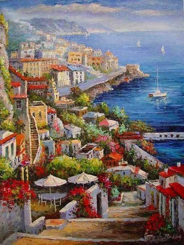Landscape Painting, Wall Art, Large Painting, Mediterranean Sea Painting, Canvas Painting, Kitchen Wall Art, Oil Painting, Art on Canvas, Seashore Town, France Summer Resort-Silvia Home Craft