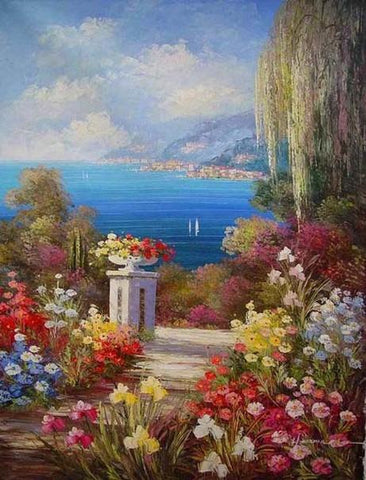 Landscape Painting, Summer Resort Painting, Wall Art, Mediterranean Sea Painting, Canvas Painting, Kitchen Wall Art, Oil Painting, Seascape, France Summer Resort-Silvia Home Craft