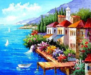 Landscape Painting, Mediterranean Sea Painting, Canvas Painting, Wall Art, Large Painting, Bedroom Wall Art, Oil Painting, Canvas Art, Boat Painting, Italy Summer Resort-Silvia Home Craft