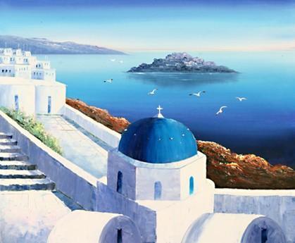 Landscape Painting, Summer Resort Painting, Mediterranean Sea Painting, Kitchen Wall Art, Oil Painting, Canvas Art, Seascape, Greece Summer Resort-Silvia Home Craft