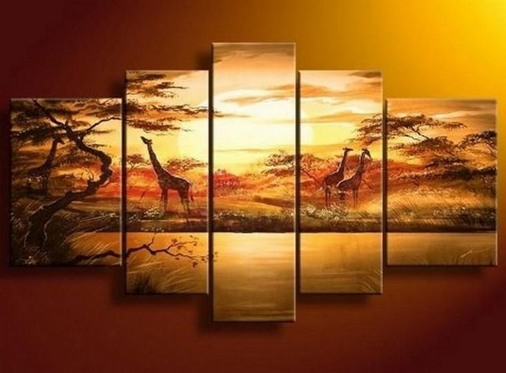 African Painting, Sunset Painting, Canvas Painting, Wall Art, Large Art, Abstract Painting, Living Room Art, 5 Piece Wall Art-Silvia Home Craft