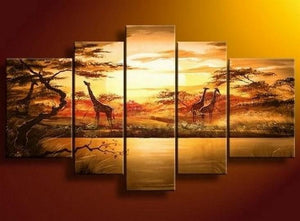 African Painting, Sunset Painting, Canvas Painting, Wall Art, Large Art, Abstract Painting, Living Room Art, 5 Piece Wall Art-Silvia Home Craft
