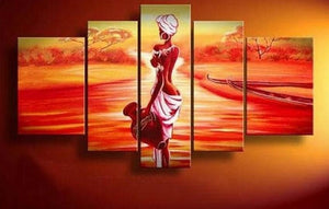 African Girl, Sunset Painting, Canvas Painting, African Woman Painting, 5 Piece Canvas Art, Abstract Wall Painting-Silvia Home Craft