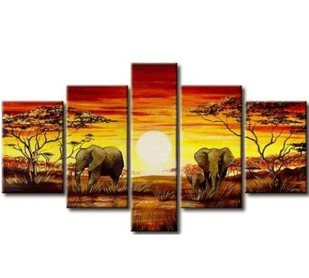 African Painting, Elephant Painting, Living Room Art, 5 Piece Wall Art, Living Room Wall Painting-Silvia Home Craft