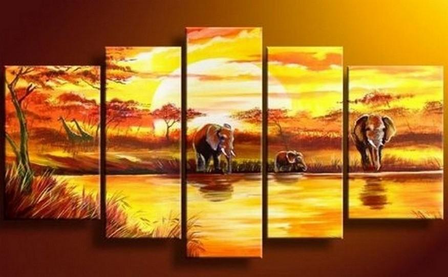Elephant Painting, African Painting, Abstract Wall Art, Canvas Painting, Wall Art, Large Art, Abstract Painting, Living Room Art, 5 Piece Wall Art-Silvia Home Craft