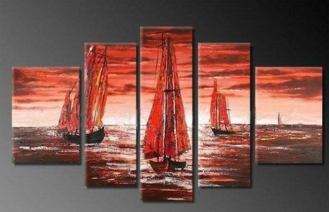 Sailing Boat art Sea, Sunset Art, Abstract Art, Wall Art, Large Art, Abstract Painting, 5 Piece Wall Art, Landscape Painting-Silvia Home Craft