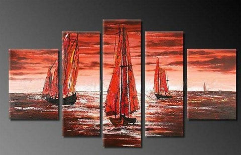 Sailing Boat art Sea, Sunset Art, Abstract Art, Wall Art, Large Art, Abstract Painting, 5 Piece Wall Art, Landscape Painting-Silvia Home Craft