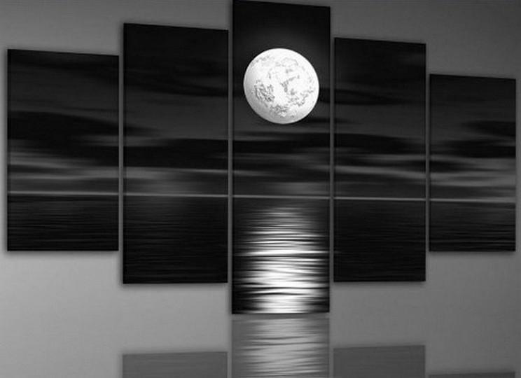 Large Canvas Art, Abstract Art, Bedroom Art Decor, 5 Piece Art, Canvas Art Painting, Moon Rising from Sea, Ready to Hang-Silvia Home Craft