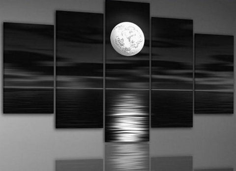 Large Canvas Art, Abstract Art, Bedroom Art Decor, 5 Piece Art, Canvas Art Painting, Moon Rising from Sea, Ready to Hang-Silvia Home Craft