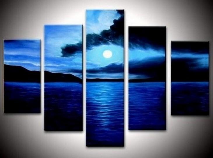 Large Canvas Art, Abstract Art, Canvas Painting, Abstract Painting, Bedroom Art Decor, 5 Piece Art, Canvas Art Painting, Moon Rising from Sea, Ready to Hang-Silvia Home Craft