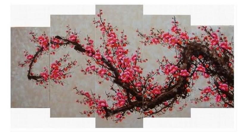 Plum Tree Flower Painting, Ready to Hang, Large Art, Abstract Art, Flower Oil Painting, Abstract Painting, Canvas Painting, 5 Piece Wall Art, Canvas Art Painting-Silvia Home Craft