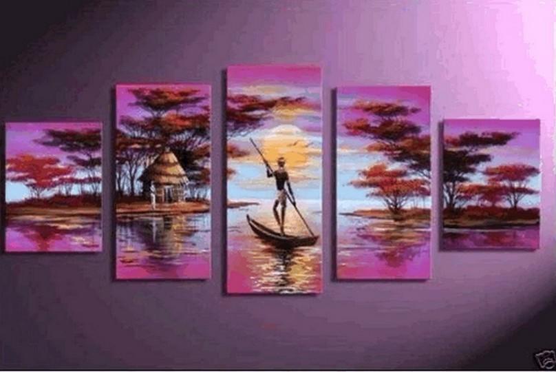 Large Canvas Art, 5 Piece Canvas Painting, Abstract Painting for Sale, African Woman Art, Boat at Lake River Art, Ready to Hang Painting-Silvia Home Craft