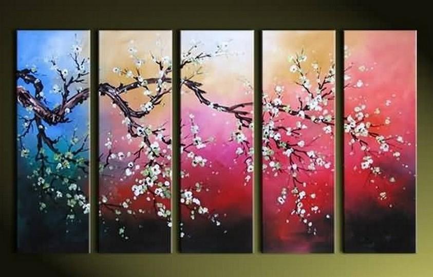Plum Tree Painting, Flower Art, Abstract Painting, 5 Piece Wall Art, Huge Painting, Acrylic Art, Ready to Hang-Silvia Home Craft