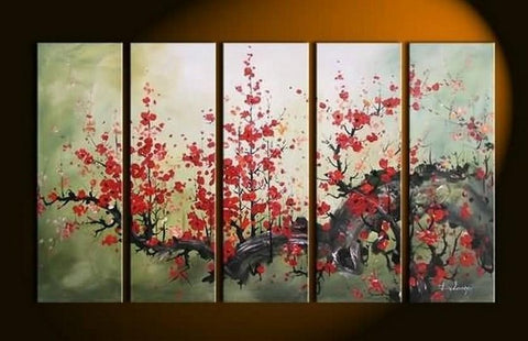 XL Canvas Art, Abstract Art, Abstract Painting, Flower Art, Canvas Painting, Plum Tree Painting, 5 Piece Wall Art, Huge Painting, Acrylic Art, Ready to Hang-Silvia Home Craft