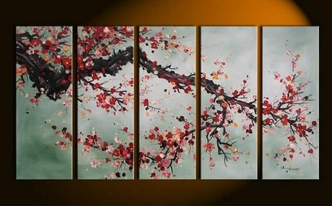XL Wall Art, Abstract Art, Abstract Painting, Flower Art, Canvas Painting, Plum Tree Painting, 5 Piece Wall Art, Huge Wall Art, Acrylic Art, Ready to Hang-Silvia Home Craft