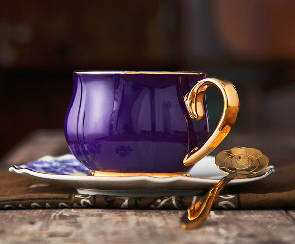 Elegant Purple Ceramic Cups, Unique Coffee Cup and Saucer in Gift Box as Birthday Gift, Beautiful British Tea Cups, Creative Bone China Porcelain Tea Cup Set-Silvia Home Craft
