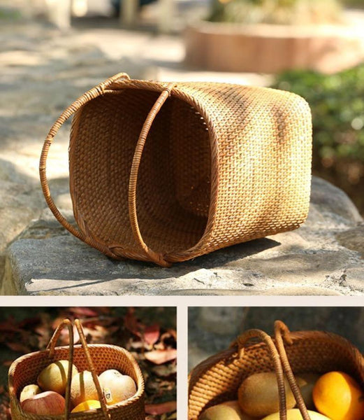 Woven Rattan Storage Basket with Handle, Storage Basket for Picnic, Fruit Storage Basket, Kitchen Storage Basekt-Silvia Home Craft