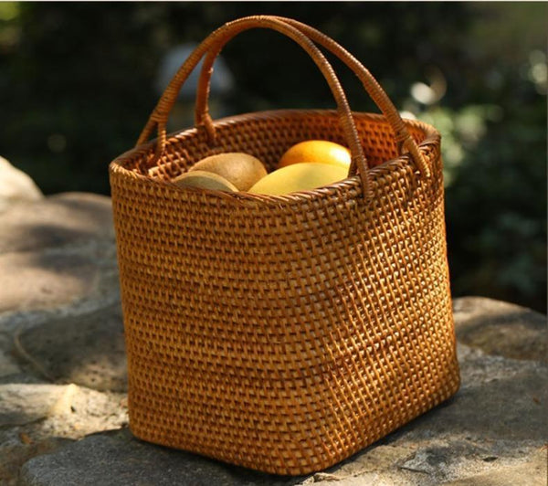 Woven Rattan Storage Basket with Handle, Storage Basket for Picnic, Fruit Storage Basket, Kitchen Storage Basekt-Silvia Home Craft