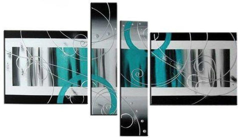 4 Piece Canvas Art, Abstract Oil Painting for Sale, Black and White, Blue Canvas Art, Contemporary Wall Art-Silvia Home Craft