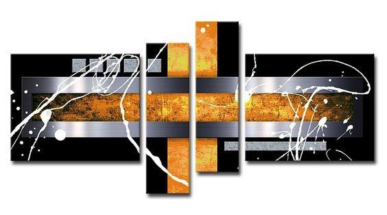 Black and Yellow, Silver Canvas Painting, Abstract Painting for Dining Room, Modern Canvas Art, 4 Piece Abstract Art Paintings, Large Wall Art for Sale-Silvia Home Craft