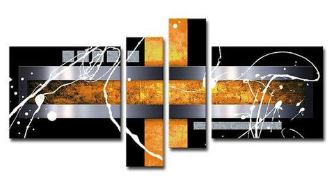 Black and Yellow, Silver Canvas Painting, Abstract Painting for Dining Room, Modern Canvas Art, 4 Piece Abstract Art Paintings, Large Wall Art for Sale-Silvia Home Craft