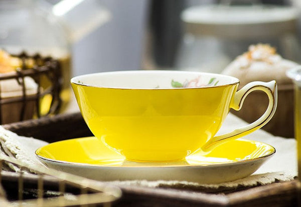 Elegant Yellow Ceramic Cups, Unique Royal Coffee Cup and Saucer, Beautiful British Tea Cups, Creative Bone China Porcelain Tea Cup Set-Silvia Home Craft