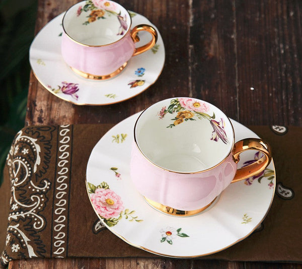Unique Coffee Cup and Saucer in Gift Box as Birthday Gift, Elegant Pink Ceramic Cups, Beautiful British Tea Cups, Creative Bone China Porcelain Tea Cup Set-Silvia Home Craft